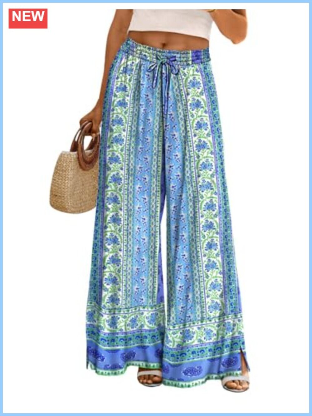 Wide Leg Palazzo Pants with Pockets, Elastic Waist, Flowy Casual Lounge Trousers